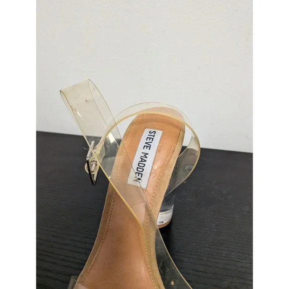 Steve Madden Camille Ankle Strap High Block Lucite Heeled Sandal Clear Sz 6 - Picture 6 of 13